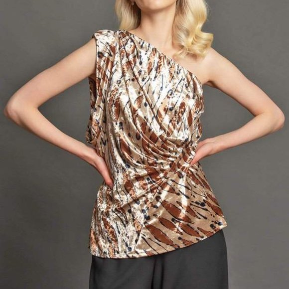 Nwt Eva Franco Glamorous One Shoulder Top Abstract Crushed Velvet Blouse Size 4 - Picture 1 of 15